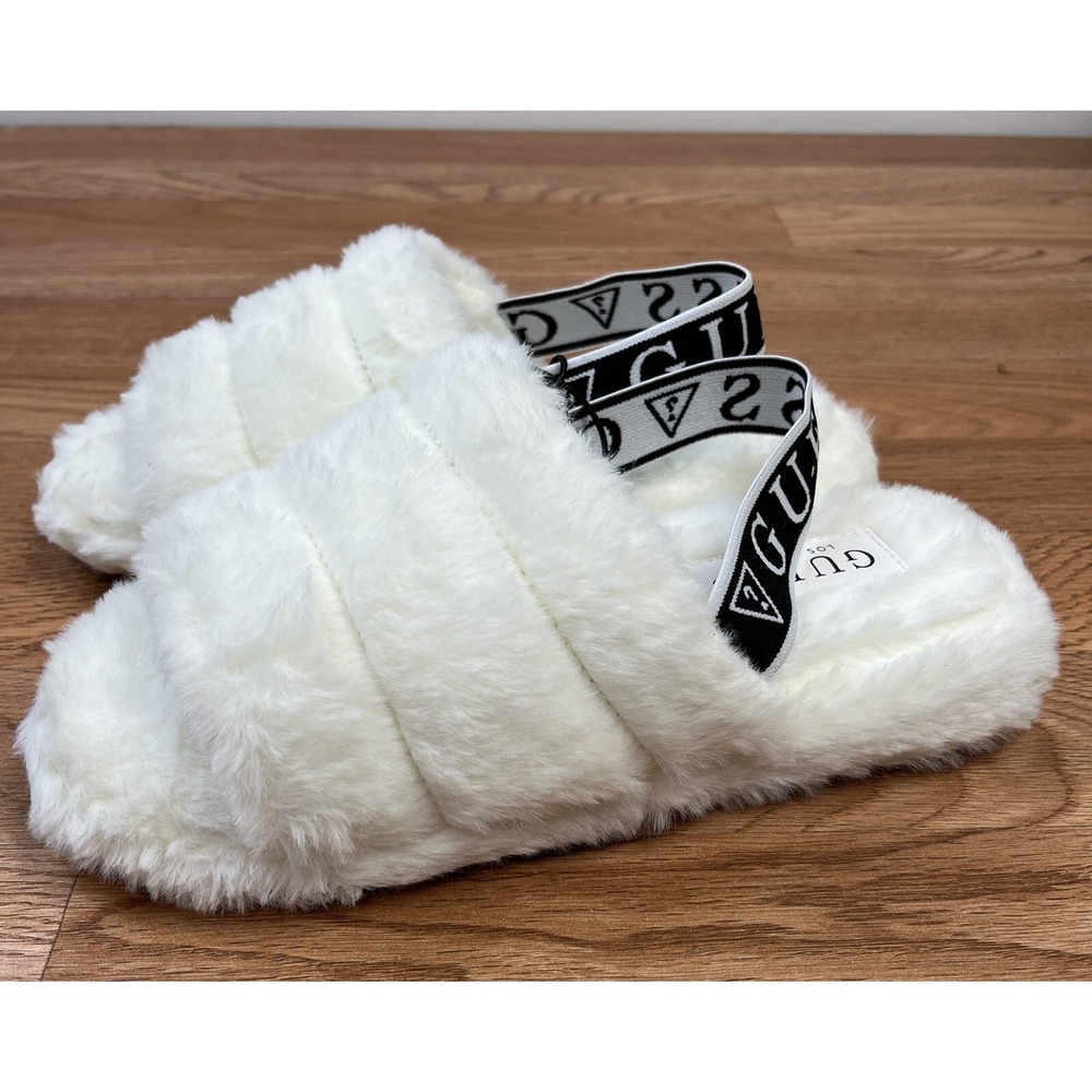 Guess Liddie Slippers Slides Faux Fur White Size 8 Womens NEW